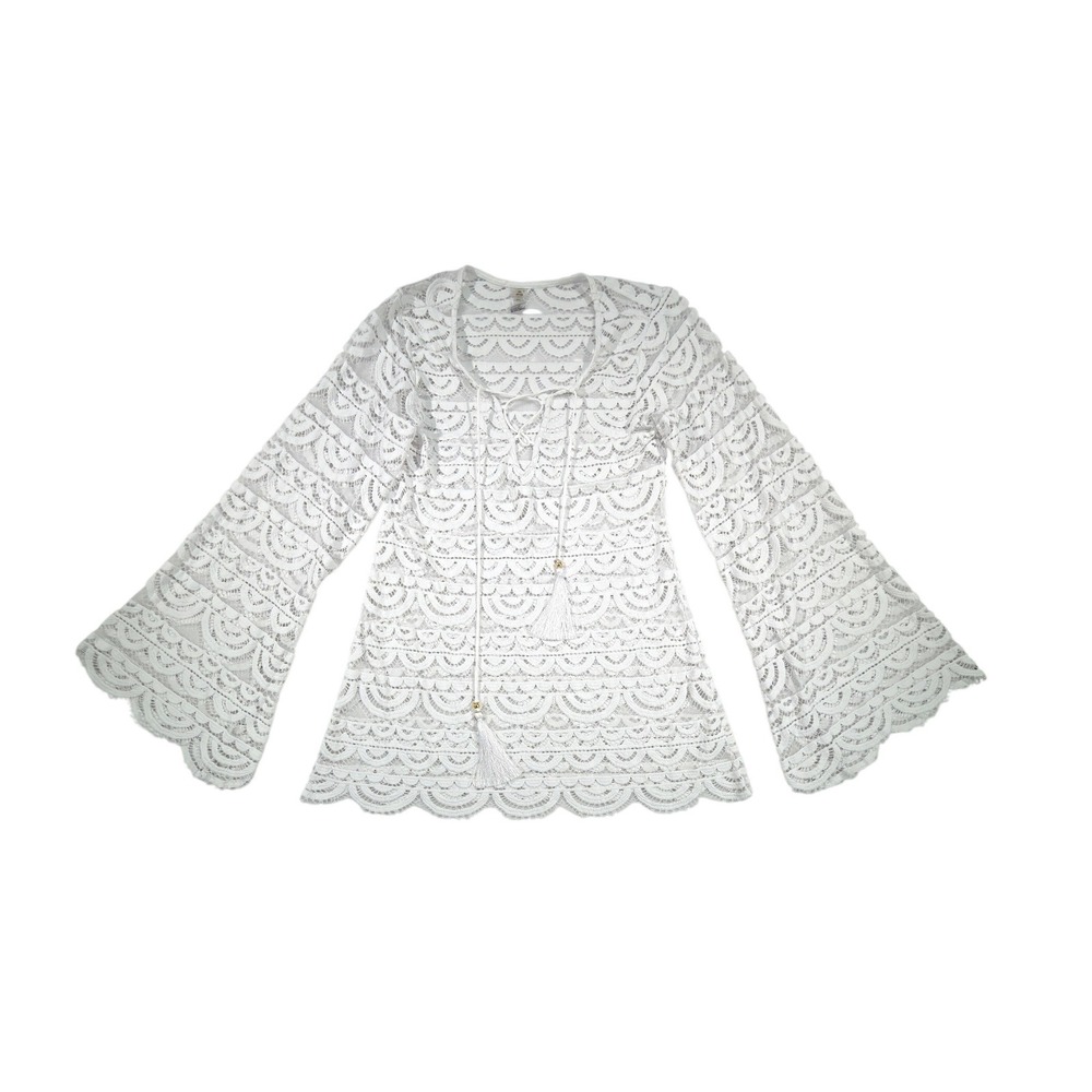 PQ Swim Noah Lace Cover Up Womens M/L White Bell Sleeve Tassel Beach Tunic